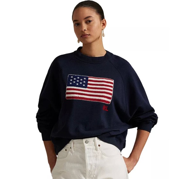 Polo Ralph Lauren Tops - Polo Ralph Lauren French Terry Logo American Flag Sweatshirt Women M Blue Boxy